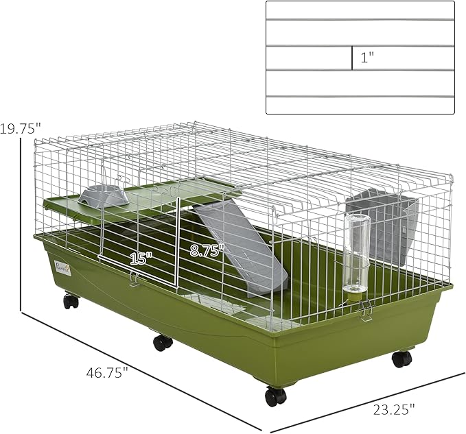 PawHut 47" L Small Animal Cage, Rolling Bunny Cage, Guinea Pig Cage with Food Dish, Water Bottle, Hay Feeder, Platform, Ramp for Chinchilla, Green