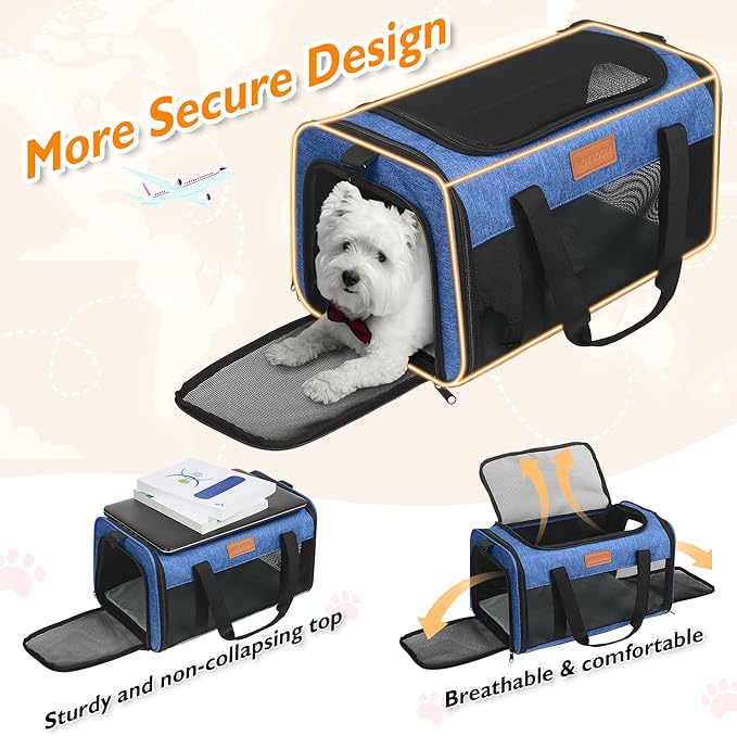 PETUX TSA Approved Pet Carrier in Cabin, 17"x11"x9.5" Soft Cat Carriers for Small Cats up to 12 lb, Top-Open Portable Dog Carrier with Litter Box and Anti-Scratch Mesh for Puppy up to 10 lb (Blue)