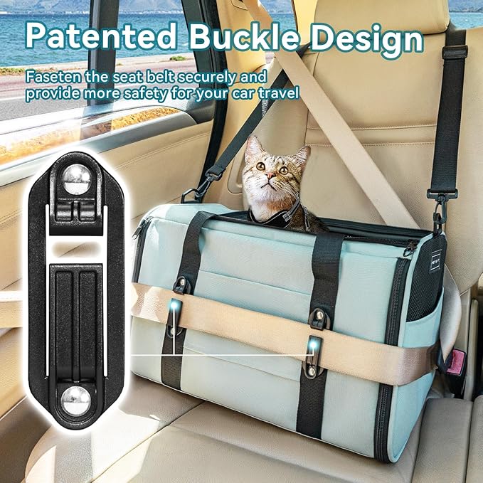PETSFIT Soft-Sided Cat Carriers & Car Seats with Patent Safe Buckles, Clip-On Harness,18"x11"x11" Airline Approved Pet Carrier - 9 lbs Capacity (Cyan Blue)