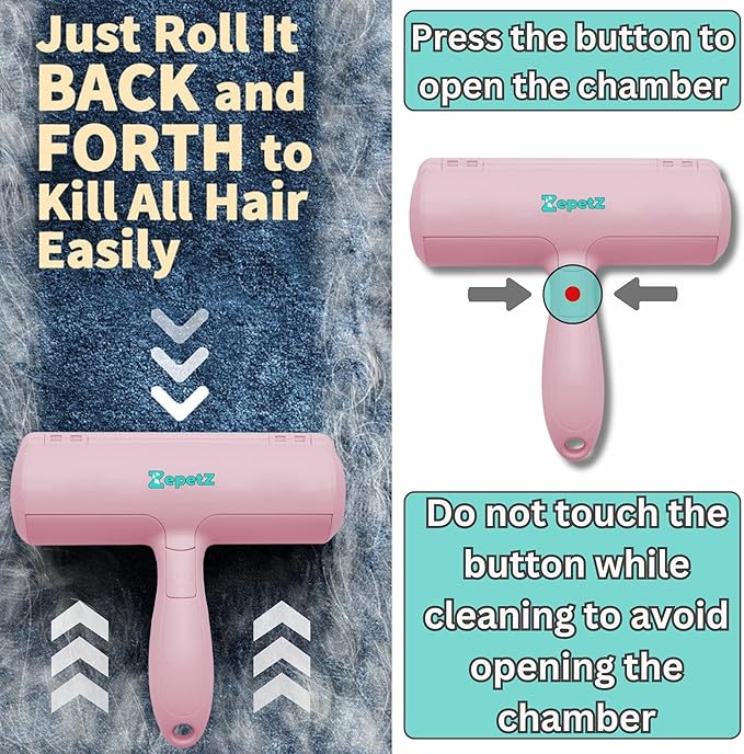 Pet Hair Removal Tool โ Reusable Lint Roller for Dogs & Cats โ Self-Cleaning Fur Remover Brush โ Ergonomic Lint Roller for Carpet, Bedding, Couch, Car Seat & More (Pink)