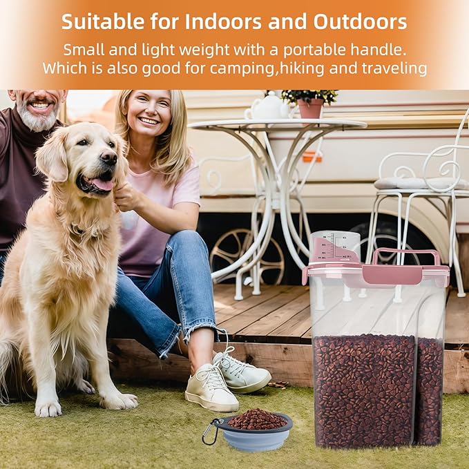 5-7Lbs Cat Dog Storage Container, Portable Pet Food Containers with Upgraded Large Spout and Cup, Small Animal Kibble Dispenser for Bird Seed, Oatmeal, Rice, Flour (2, Pink, 5L)