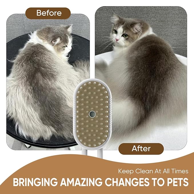 4-in-1 Steam Brush for Cats – Self-Cleaning Comb for Long and Short Hair Cats and Dogs, Steam Pet Brush for Hair Removal, Vibrating Message, Grooming & Relaxation (White)