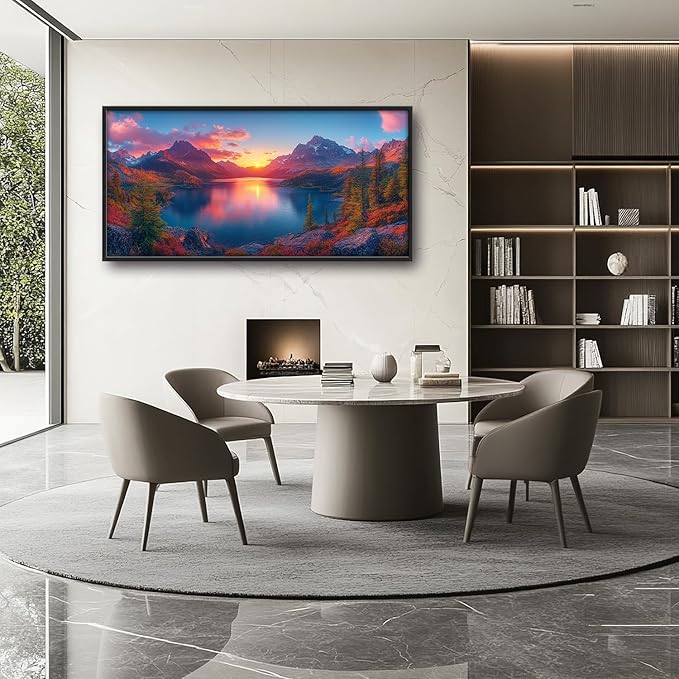 Large Lake Mountain Landscape Wall Art for Living Room, Nature Sunrise Canvas Oversized Wall Decor, River Forest Scenery Framed Pictures Painting Print Artwork for Bedroom Office 60"L x 30"W