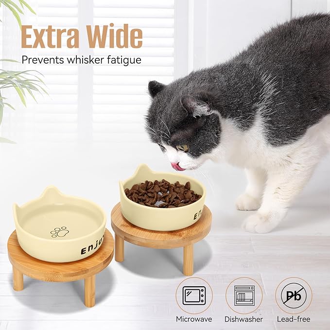 3PCS Elevated Cat Bowls,Wide Raised Ceramic Pet Dishes with Bamboo Stand, Whisker Friendly Pet Water or Food Plates Feeding Station for Indoor Small Dogs, Kitten (Yellow+White)
