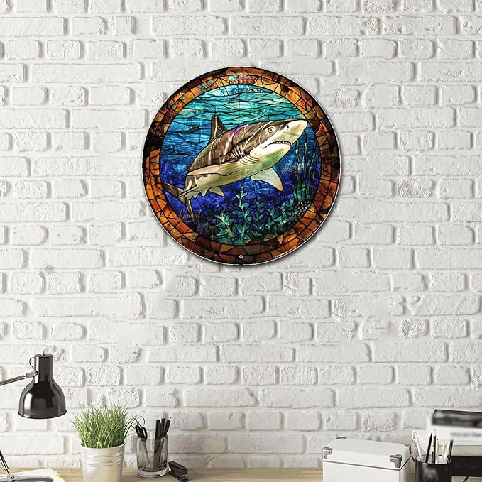 Lygond Metal Sign Tin Sign Circular Stained Glass Shark Funny Outdoor Decor for Garage 8×8 Inches