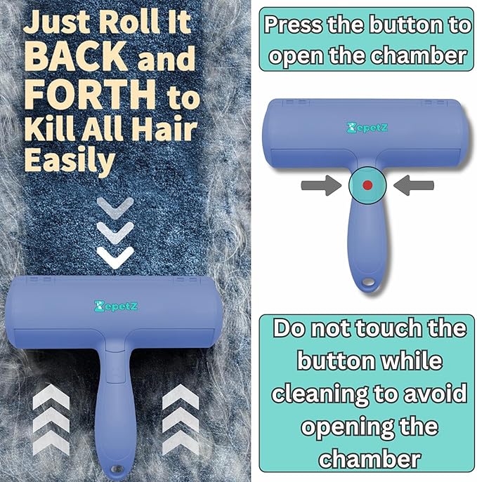 Pet Hair Removal Tool โ Reusable Lint Roller for Dogs & Cats โ Self-Cleaning Fur Remover Brush โ Ergonomic Lint Roller for Carpet, Bedding, Couch, Car Seat & More (Blue)