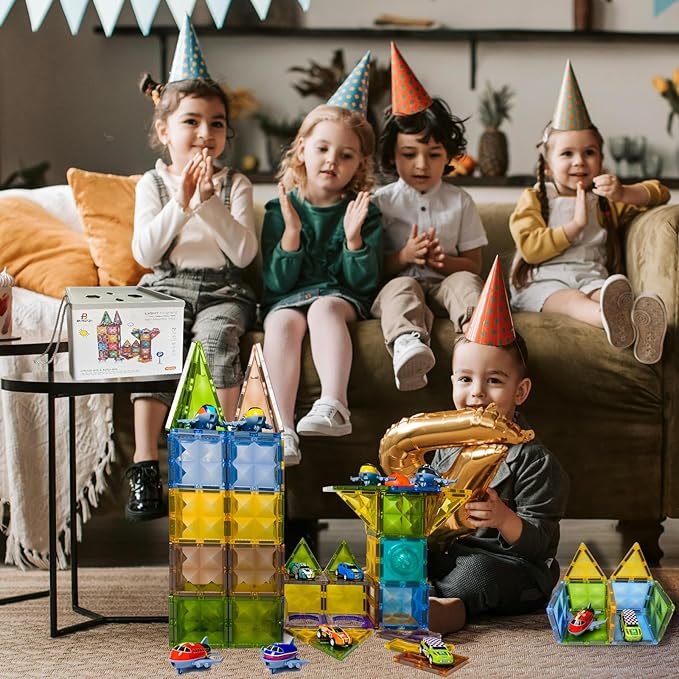 Magnetic Tiles Diamond Series with Lights 4 Pull-Back Metal Cars&7 Airplanes Magnet Tiles Building Block Toy for Kids Educational Construction STEM Toy, Great Gift for Kids Aged 3-8