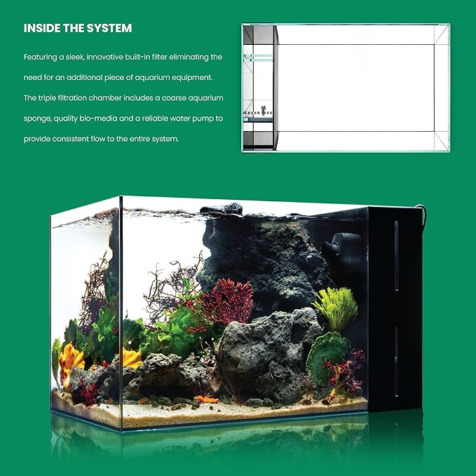 Ultum Nature Systems Dual AIO - Freshwater/Saltwater Compatible All in One Rimless Tank with Triple Chamber Filtration System, Integrated Filter Aquarium w/Leveling Mat - 9 Gallon, 45A, Black