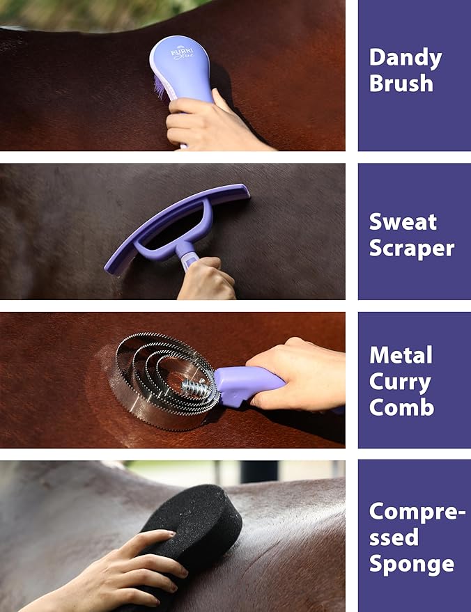 9PCS Horse Grooming Kit Curry Comb Sweat Scraper Horse Bathing Supplies Grooming Tools with Storage Bag Sugar Taro