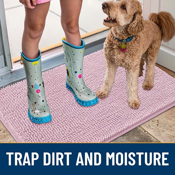 Smiry Dog Door Mat for Muddy Paws 24x16, Absorbs Moisture and Dirt Doormat, Non-Slip Washable Quick Dry Chenille Front Door Mat Indoor Entrance, Entryway Carpet for Inside Floor, Dusty Rose