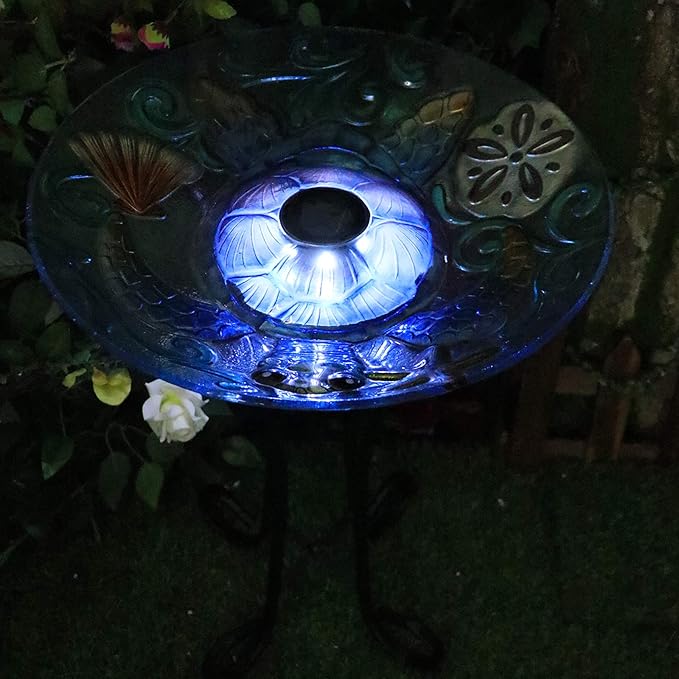 MUMTOP Glass Bird Bath, Bird Baths for Outdoors, Solar Birdfeeder with Metal Stand for Garden, Yard, Lawn Decor sea Turtle Pattern(Blue, 21.5"X18")