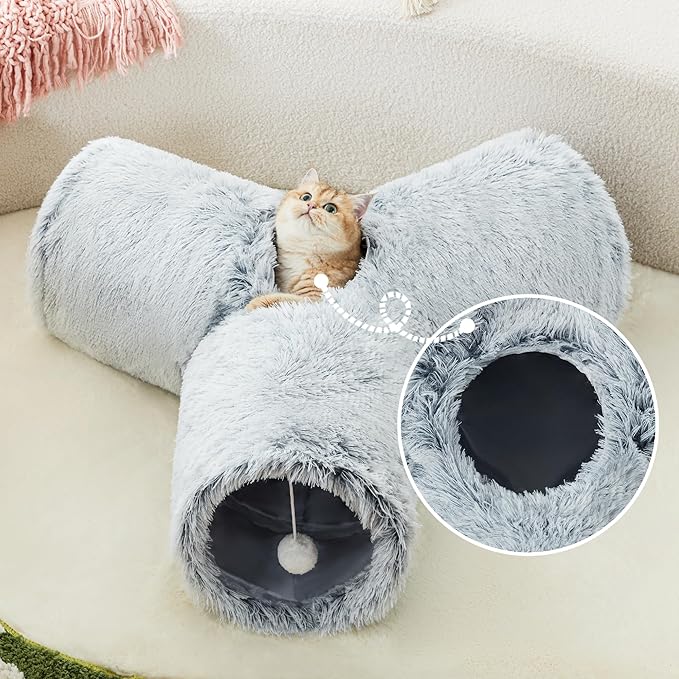 Tempcore Plush Pet Cat Tunnel Tube Cat Toys 3 Way Collapsible, Tunnels for Indoor Cats,Kitty Tunnel Bored Pet Toys Peek Hole Toy Ball Puppy, Kitty, Kitten, Rabbit Light Grey