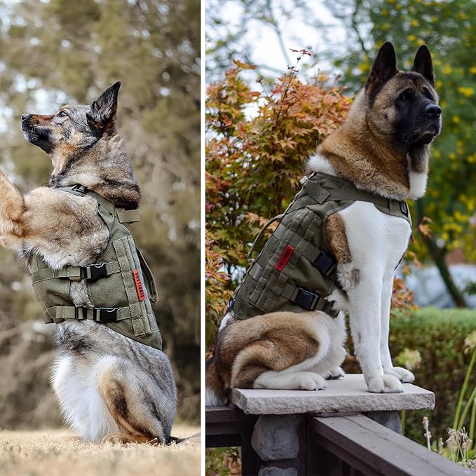 OneTigris No Pull Tactical Dog Harness for Large Dogs, Aire Mesh Harness Breathable Military Dog Molle Vests with Handles, Service Dog Vest Harness for Walking Hiking Training Green