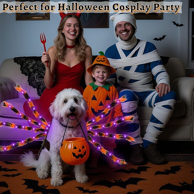 Camlinbo 24 LED Spider Dog Halloween Costume for Small Medium Large Dogs, Furry Spider with LED Lights Puppy Pet Costume Outfits Clothes Funny Halloween Costume Party Cosplay