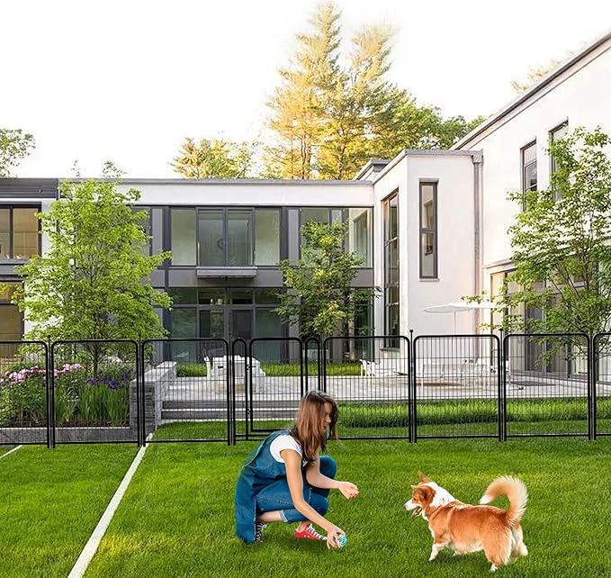 56 in(H) Decorative Garden Fence Panels, Wide Door Low Threshold, Dog Fence Outdoor for Yard. 10 Panels Total 22.1 Ft(L),No Dig Fencing for Dogs, Black