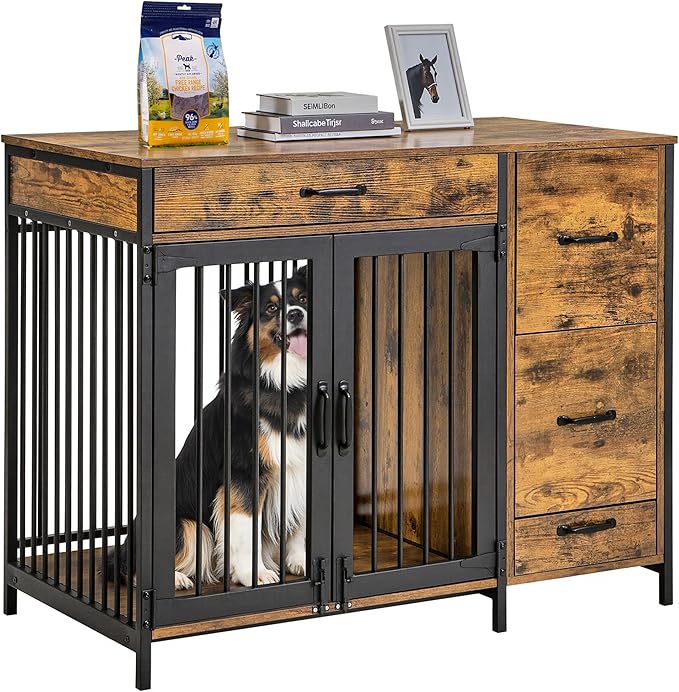 VECELO Dog Crate Furniture, 43 inch Wood Dog Crate End Table with Storage Drawers, Heavy Duty Dog Kennel Furniture Indoor, Rustic Brwon