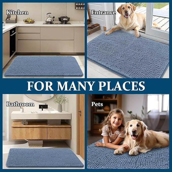 OLANLY Dog Door Mat for Muddy Paws 47x17, Absorbs Moisture and Dirt, Absorbent Non-Slip Washable Doormat, Quick Dry Chenille Mud Mat for Dogs, Entry Indoor Entryway Carpet for Inside Floor, Airy Blue