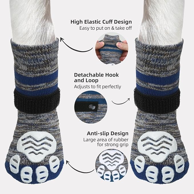 PUPTECK Non-Slip Dog Socks to Prevent Licking Paws, Double Sides Dog Boots & Paw Protectors Booties on Hardwood Floors Hot Pavement with Grippers, for Small Medium Large Senior Dogs, Navy Blue L