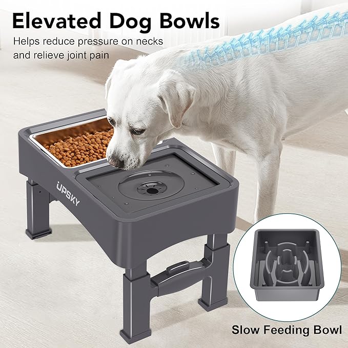UPSKY 3-in-1 Elevated Dog Bowls Slow Feeder, Adjustable Stand, No Spill Water Dispenser, Stainless Steel Food & Water Bowl for Small Medium Dogs