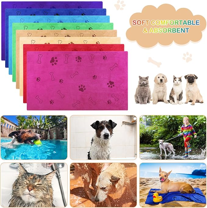 Chumia 8 Pcs Dog Towels for Drying Dogs Cats Pet Towels Bulk Puppy Microfiber Quick Drying Paw Bath Bathing Supplies Absorbent for Medium Pets(Bright Color,40 x 24 Inch)