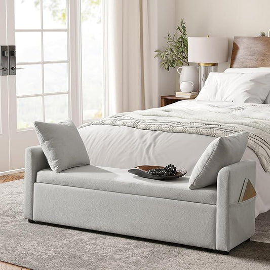 HULALA HOME Modern Storage Ottoman Bench with Throw Pillows, 59" Extra Long End of Bed Bench with Storage Pocket, Comfy Upholstered Footstool for Bedroom Entryway Living Room, Grey