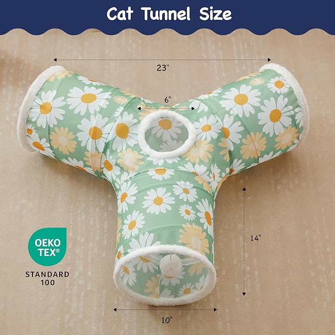 Tempcore Pet Cat Tunnel Tube Cat Toys 3 Way Collapsible, Cat Tunnels for Indoor Cats,Kitty Tunnel Bored Pet Toys Peek Hole Toy Ball Puppy, Kitty, Kitten, Rabbit Daisy Green Printed