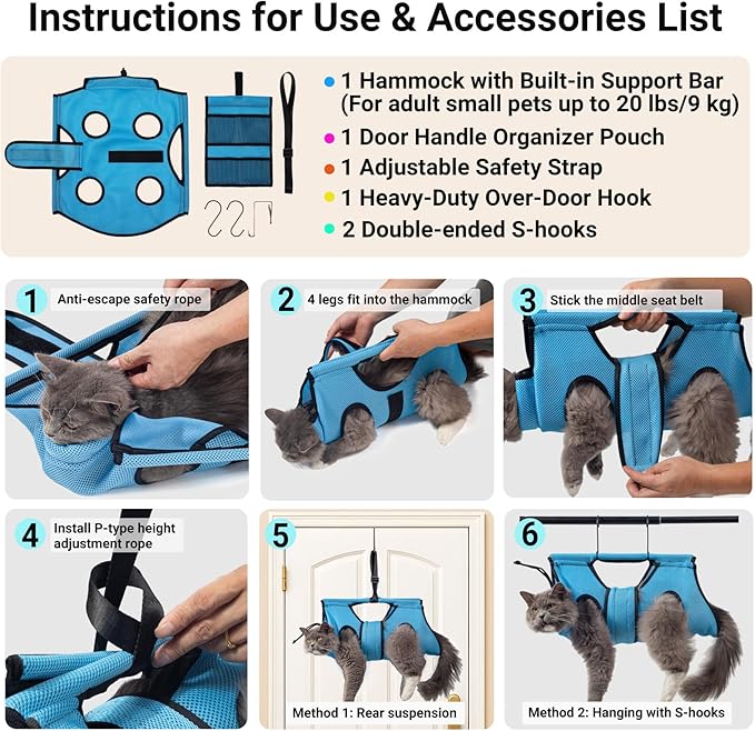 Pet Grooming Hammock for 6-11 lbs Pets - Adjustable Height, Tool Bag, 30 lb Capacity, Door-Hook Hanging, Foldable, Blue