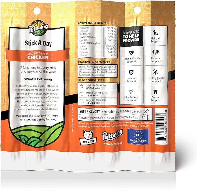 Stick a Day | Specially Formulated 7-in-1 Functions Daily Real Meat Supplement for Cats | Cat Chew Stick & Pet Vitamins Supplements Combination (7-Pack x 4, Mix)