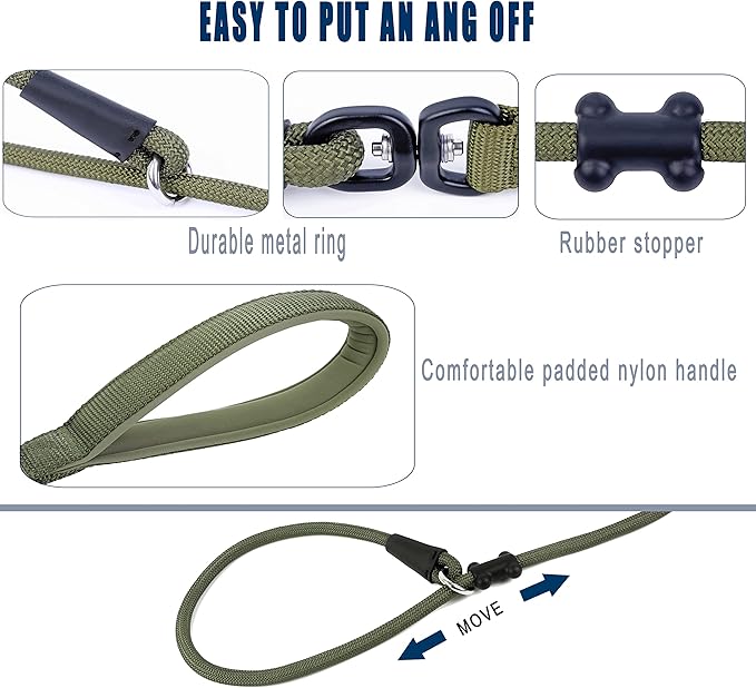 Slip Lead Dog Leash,Strong Nylon Rope Leash and Padded Handle,No Pull Outdoor Walking Training Lead for Small Medium Large Dogs(Army Green, 1/2"×6ft)