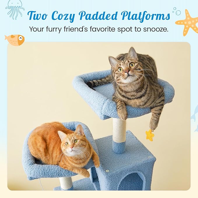 MWPO Ocean-Themed Cat Tree, 70.1-Inch Multi-Level Tall Tower for Indoor Cats, Plush Cat Condo with Big Padded Perches, Sisal-Covered Scratching Posts, Hammock, Toys for Kittens, Blue