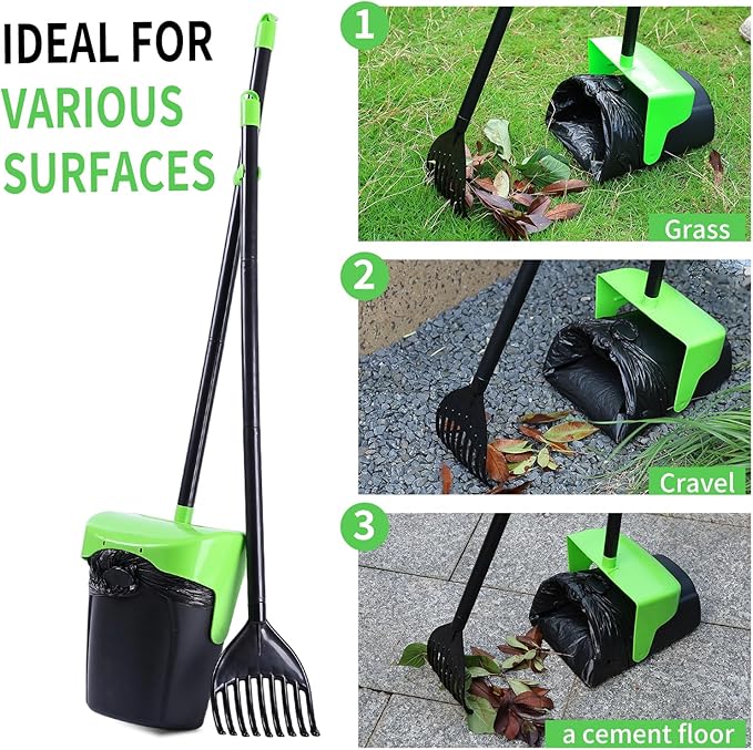 Pooper Scooper Large Swivel Bin & Rake with 160 Waste Bags,Heavy Duty Dog Pooper Scooper with Bag Attachment for Large Small Dogs, Long Handle Poop Scooper with Lid for Yard, Grass, Gravel (Green)