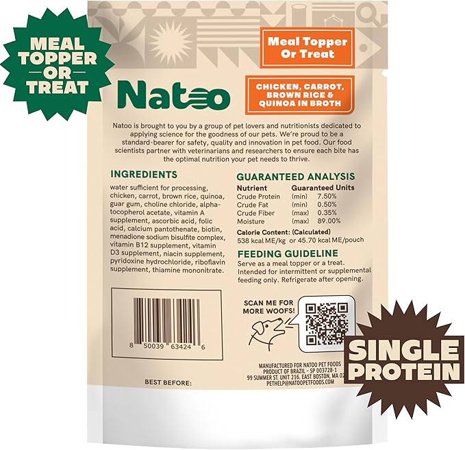 Natoo Dog Food Topper for Picky Eaters, Dog Treat (Chicken, Carrot, Brown Rice, & Quinoa) Dog Toppers for Dry Food, Wet Meal Toppers for Dogs & Puppies, Limited Ingredient Dog Food (Case of 20) 3oz Ea