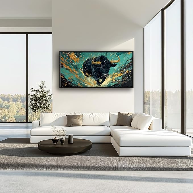Large Bison Buffalo Wall Art for Living Room, Framed Oversized Bull Wall Decor, Abstract Teal and Golden Canvas Painting Modern Artwork for Living Room Bedroom Office Dining Room 60"x30"