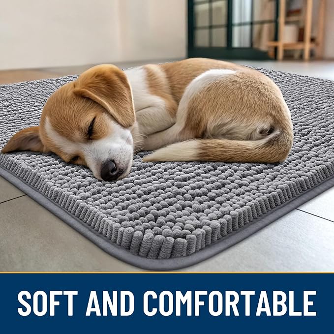 Smiry Dog Door Mat for Muddy Paws 30x17, Absorbs Moisture and Dirt Doormat, Non-Slip Washable Quick Dry Chenille Front Door Mat Indoor Entrance, Entryway Carpet for Inside Floor, Grey