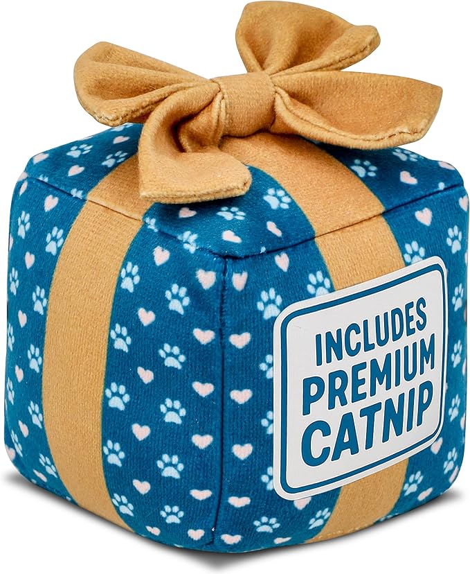 Gift Box Catnip Toy – Christmas & Birthday Cat Toy with Catnip & Crinkle, Cute Plush Present for Indoor Cats, Christmas Cat Gift & Stocking Stuffer