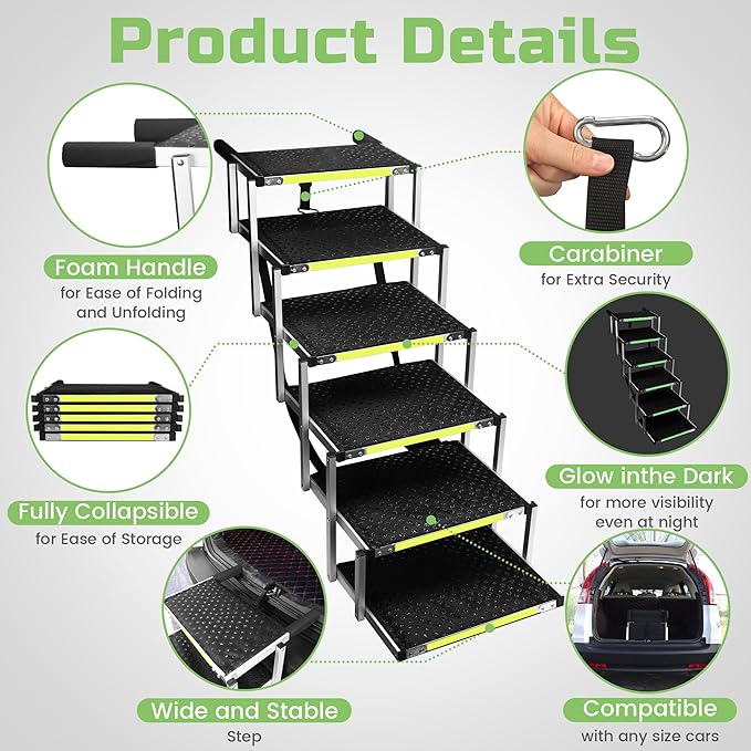 Sturdy 6-Step Aluminum Frame Dog Stair with 1680D PVC Fabric - Non-Slip, Lightweight & Portable - Ideal for Car, SUV, Truck Access - Black (106x80x43cm)