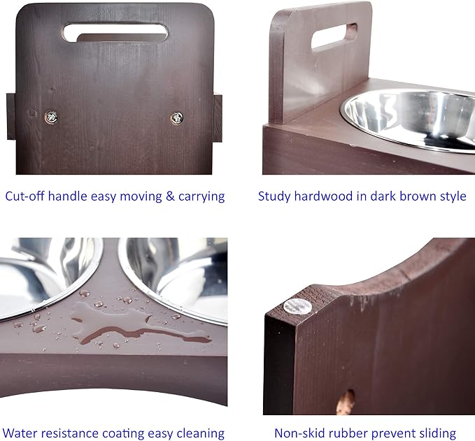 Spirtro Elevated Dog Bowls Station- Adjustable to 3 Heights, 3”, 8”, 12”, Raised Pet Stand Feeder, Double Stainless Steel Food and Water Dishes for Small to Middle Dogs Cats, Solid Wood- Dark Brown