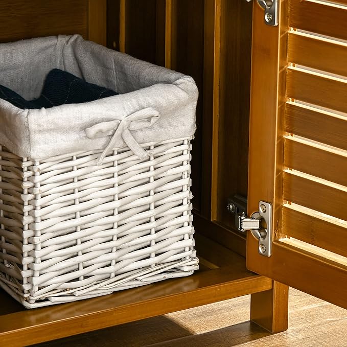 Shoe Bench with Storage Cabinets, Bamboo Entryway Bench with Seating Cushion, 3 Doors and Hidden Compartment for Hallway, Brown