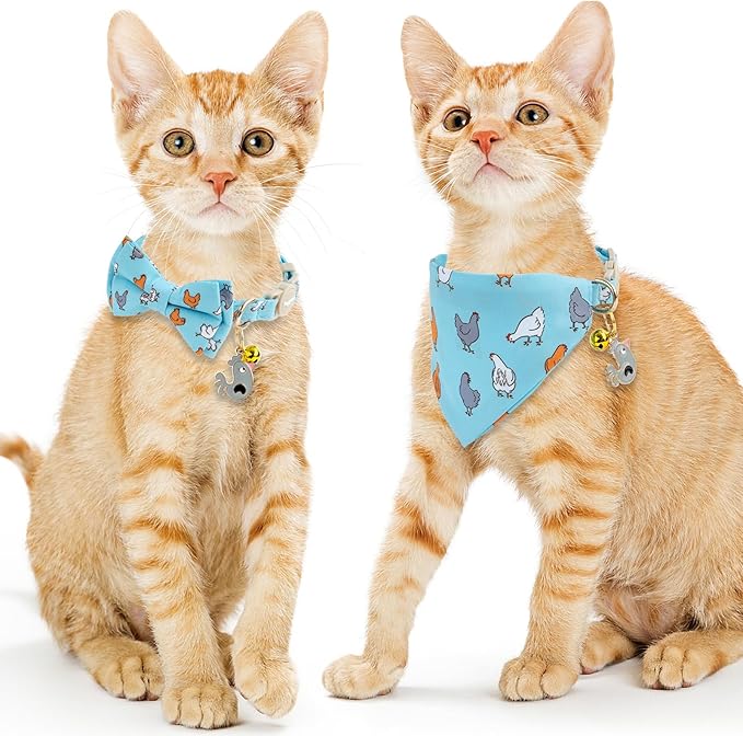 Faygarsle 2 Pack Chicken Pattern Cat Collar Set with Bandana and Bowtie, Light Blue, Breakaway Safety Clasp with Bell