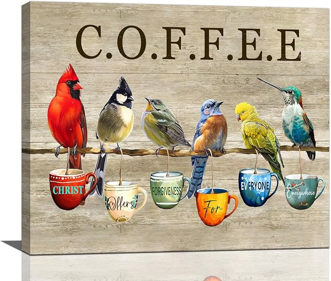 Rustic Bird Coffee Wall Art Kitchen Christ Coffee Pictures Wall Decor Farmhouse Cardinal Hummingbird Canvas Print Painting Artwork for Coffee Bar Living Room Bedroom 20"x24"