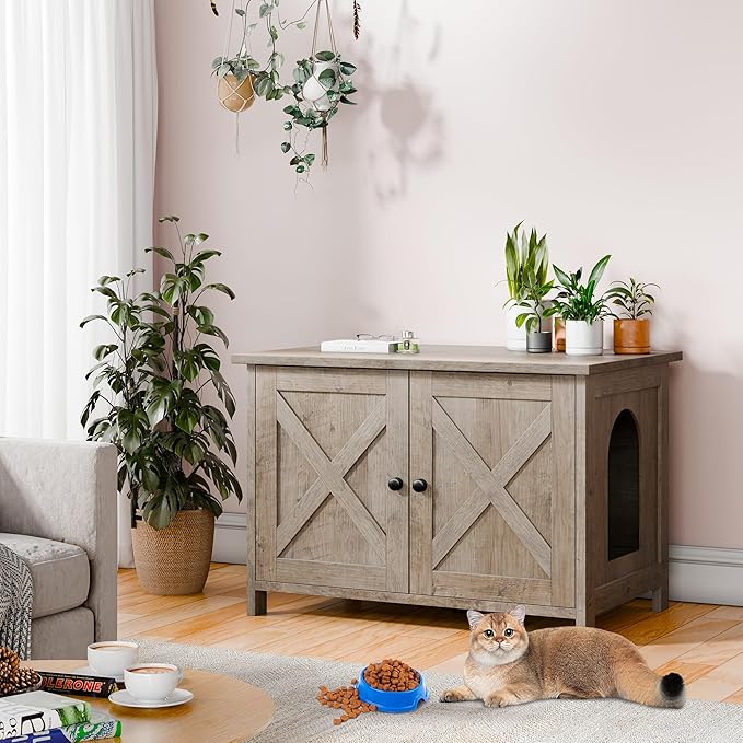 Vongrasig Cat Litter Box Enclosure,Litter Box Furniture Hidden with Barn Door,Wooden Cat Washroom Furniture,Cat House,End Table, Fit Most of Litter Box, Grey