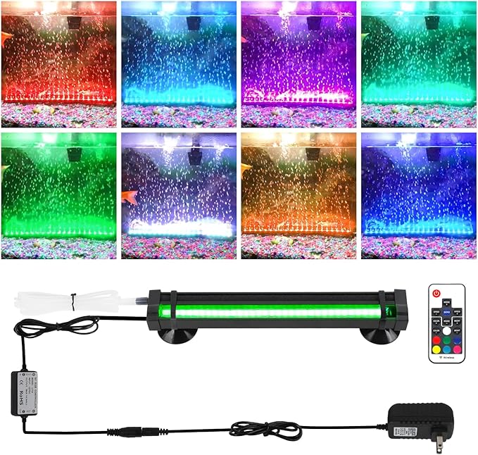 Submersible Bubble Aquarium Light:RGB Aquarium Light with Remote Control Oxygenator for Saltwater Coral Growth - 9 Inch Waterproof Fish Tank Light Designed for Aquarium Breeders