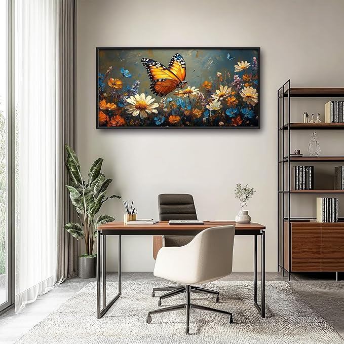 Large Butterfly Daisy Wall Art for Living Room, Floral Landscape Canvas Oversized Wall Decor, Flower Scenery Aesthetics Framed Pictures Painting Print Artwork for Bedroom Office 60"L x 30"W