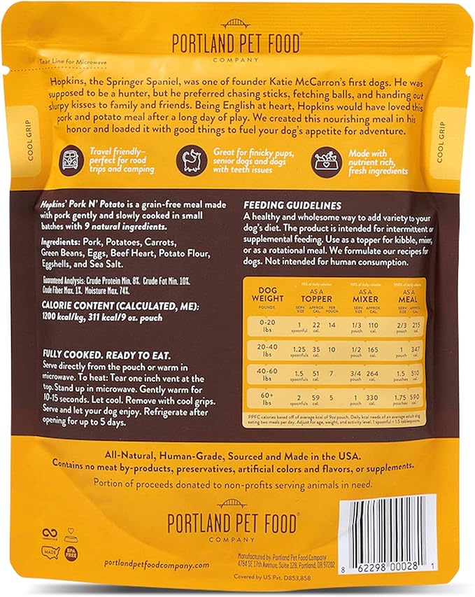 Portland Pet Food Company Fresh Dog Food Pouches - Human-Grade Toppers Wet Meal & Mixers - Grain-Free, Limited Ingredient Hopkin's Pork N’ Potato - Small & Large Breed Puppy & Senior Dogs - 5 Pack