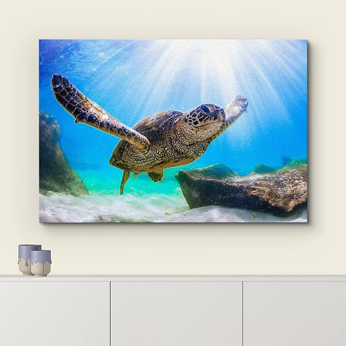 wall26 Canvas Print Wall Art Sunlight Ray Tropical Turtle Swimming Ocean Nature Animals Photography Realism Rustic Scenic Landscape Wilderness Colorful for Living Room, Bedroom, Office - 32"x48"