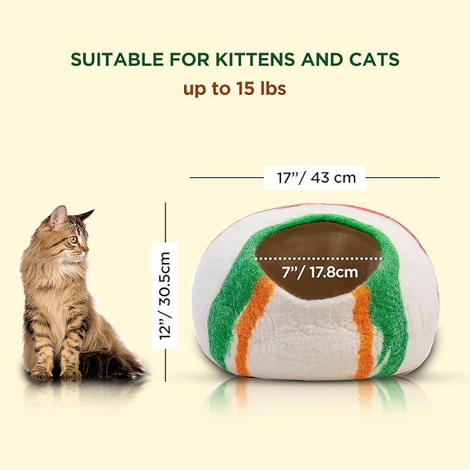 Woolygon Premium Felt Cat Cave Bed โ Wool Kitty Beds Handcrafted Kitten Caves Bed for Indoor Cats - Made from 100% Eco-Friendly Merino Wool, Foldable Cat Hidewawy Covered Cat House Pod (Candy Swirl)