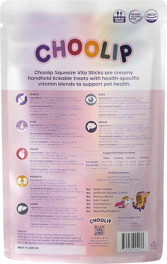 Choolip Squeeze Vita Stick Lickable Cat & Dog Treats – 14 Sticks (2×7 Value Bundle) Variety Pack, Creamy Grain-Free Puree with Multivitamins, Vet-Formulated for All Life Stages & Total Wellness
