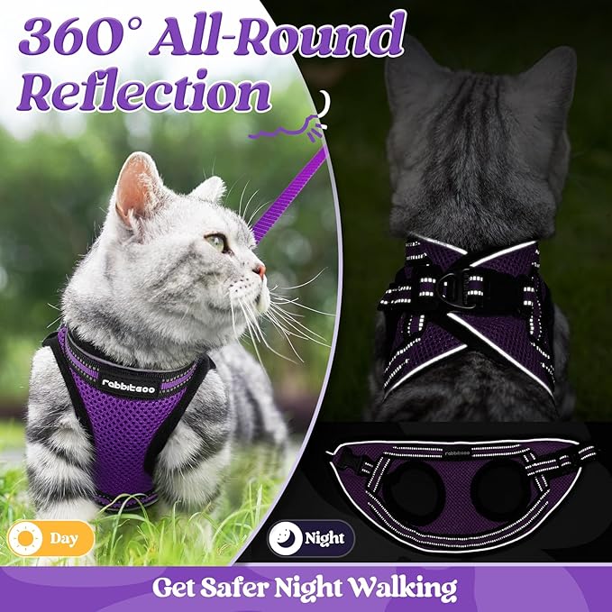 rabbitgoo Cat Harness and Leash Set for Walking Escape Proof, Adjustable Soft Kittens Vest with Reflective Strip for Cats, Comfortable Outdoor Vest, Purple, S