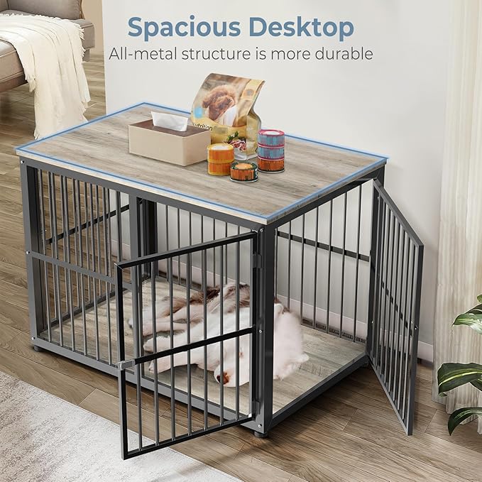 43'' Dog Crate Furniture with 3 Doors, XL Wooden Crate End Table, Heavy Duty Indoor Puppy Cage Kennel for Medium to Large Dogs, Multiple Units Can be Combined