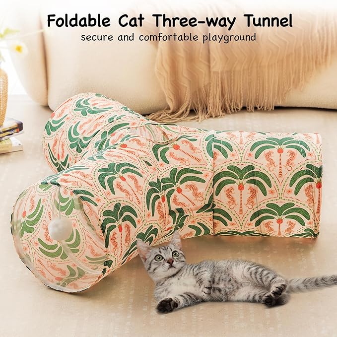 Tempcore Pet Cat Tunnel Tube Cat Toys 3 Way Collapsible, Cat Tunnels for Indoor Cats,Kitty Tunnel Bored Pet Toys Peek Hole Toy Ball Puppy, Kitty, Kitten, Rabbit Khaki Coconut Tree